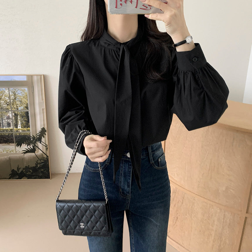 💕韓系chic法式飄帶領結襯衫
