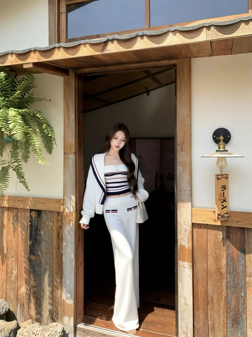 💕休閒慵懶條紋大翻領針織背心三件套