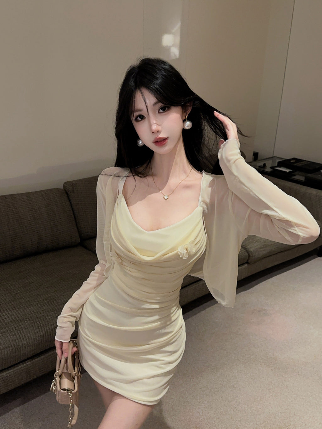 💕甜美性感褶皺修身吊帶連衣裙+開衫