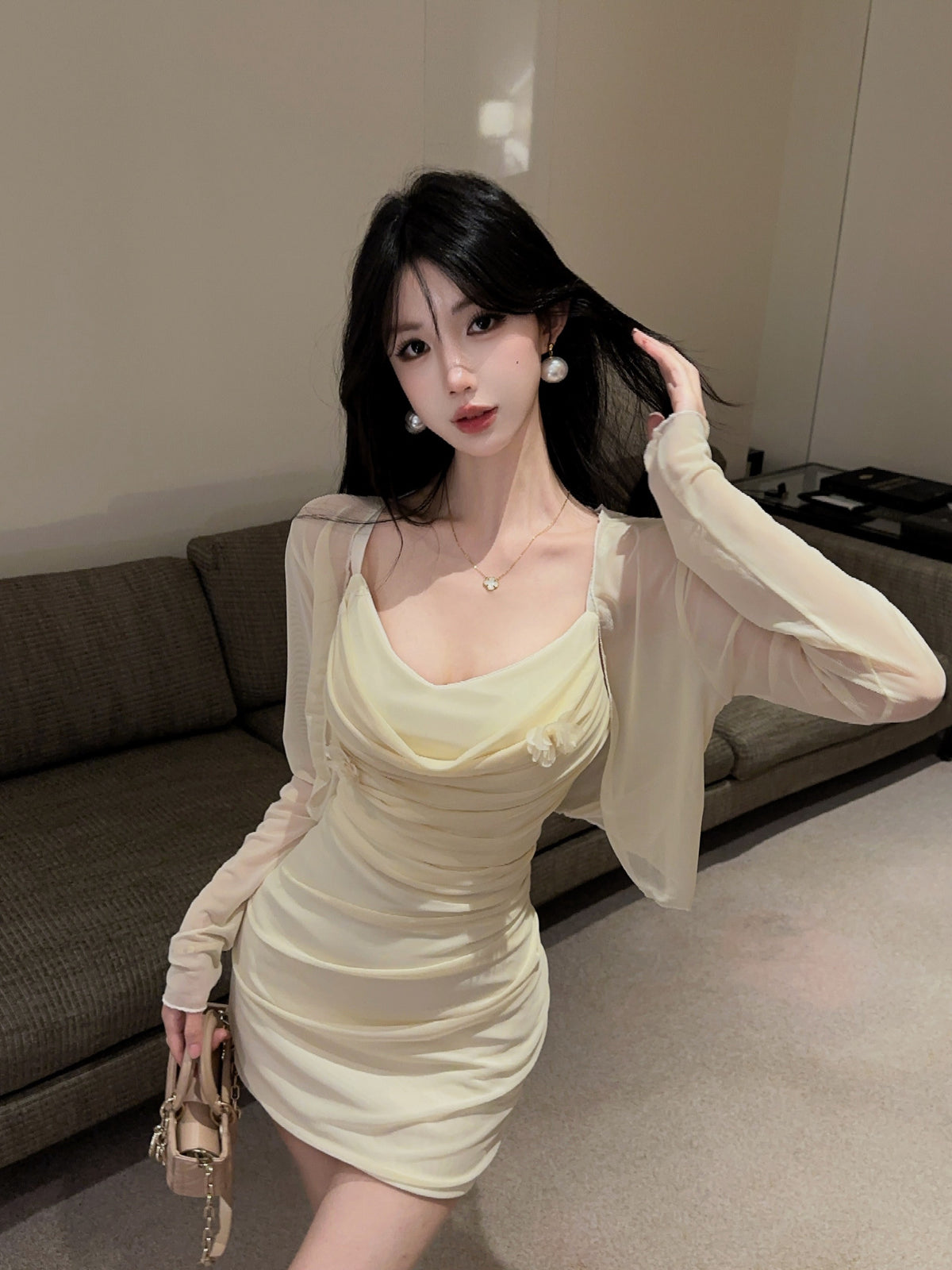 💕甜美性感褶皺修身吊帶連衣裙+開衫