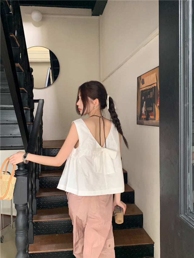 💕夏季甜美蝴蝶結兩穿寬鬆百搭無袖背心上衣