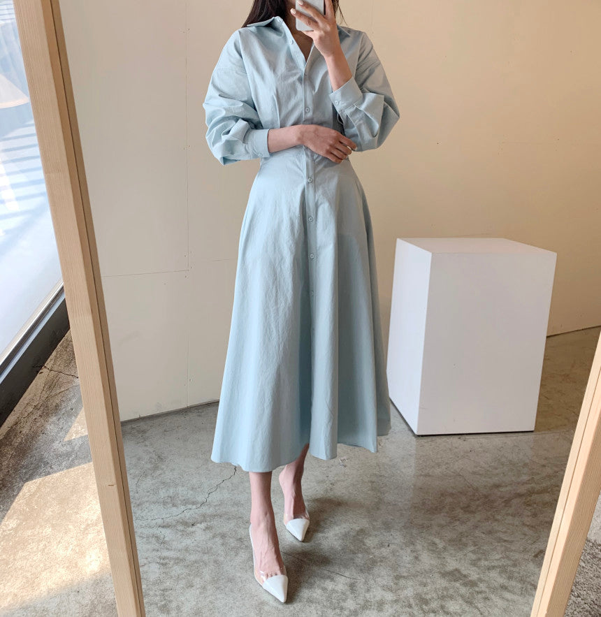 💕chic通勤簡約法式收腰顯瘦襯衫連身長裙