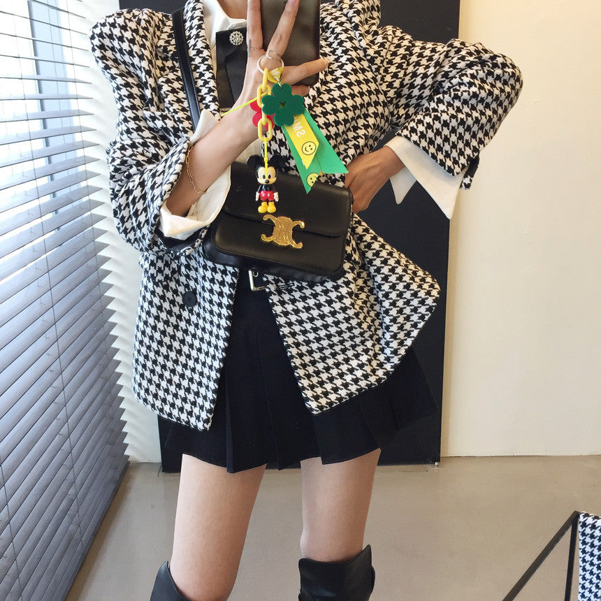 💕秋冬法式泡泡袖系帶收腰千島格大衣外套