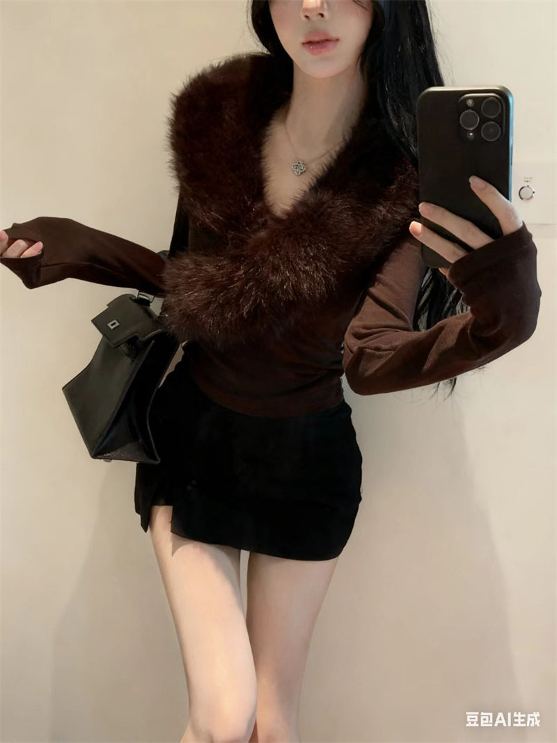 💕純欲辣妹毛領拼接V領長袖修身上衣