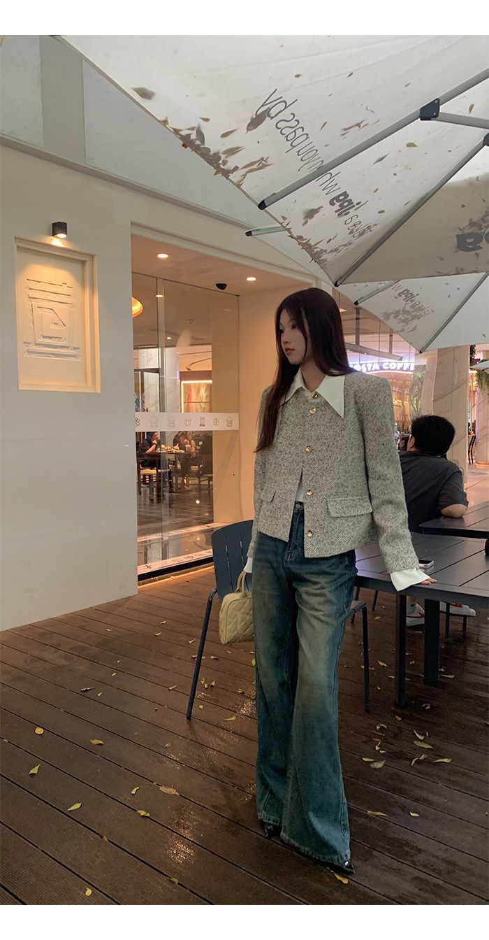 💕韓系秋冬假兩件拼接小香風加墊肩外套