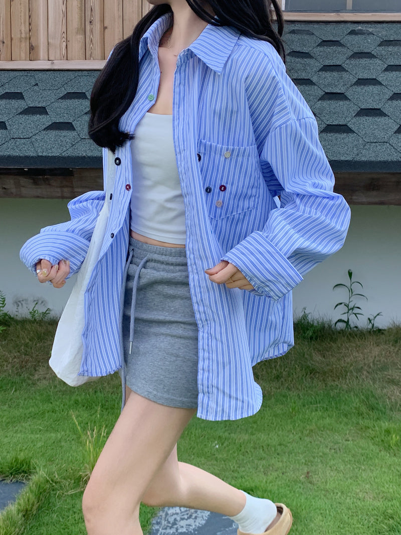 💕青春寬鬆百搭別緻彩色鈕扣條紋襯衫