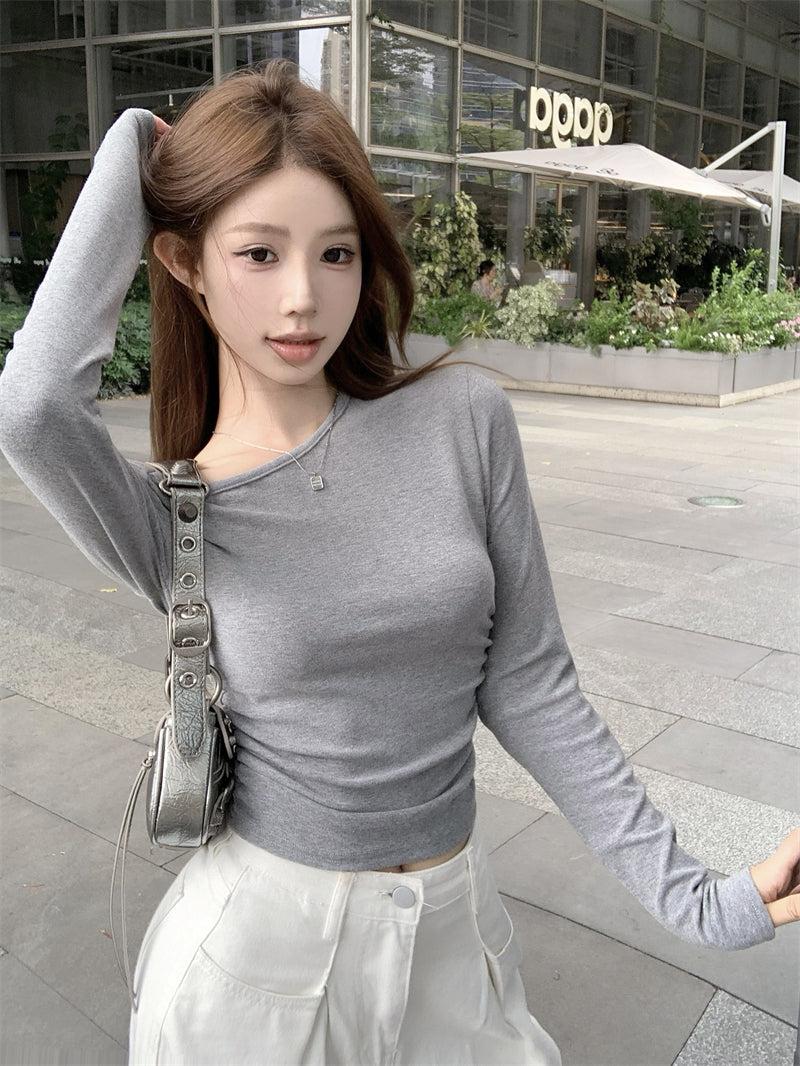 💕簡約通勤絕美基礎款斜肩磨毛上衣