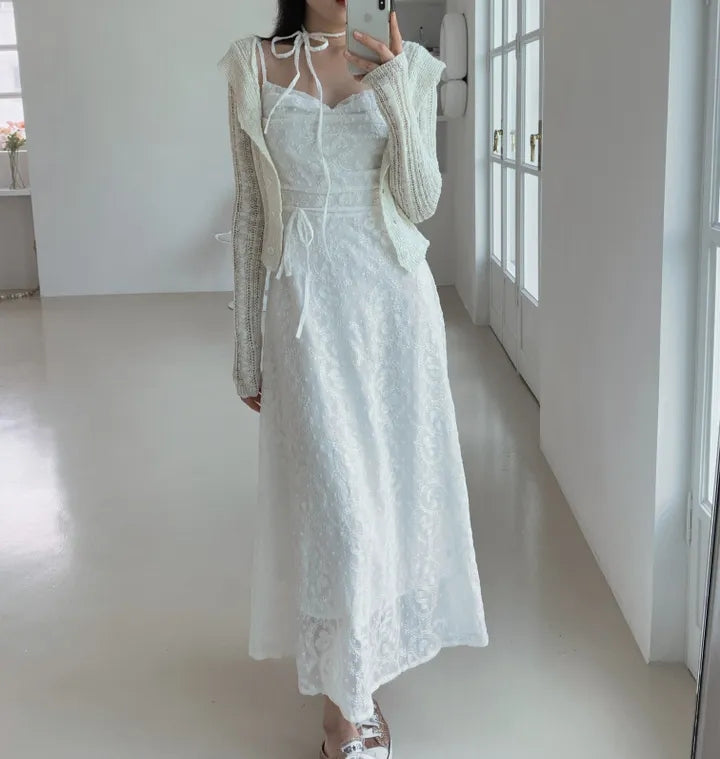 💕ihs系溫柔蕾絲性感露背鬆緊系帶收腰吊帶長裙