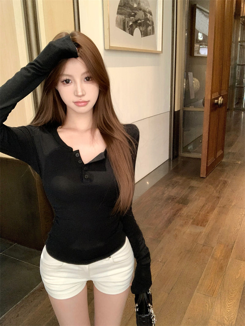 💕秋冬辣妹半高U領修身褶皺短磨毛內搭打底上衣