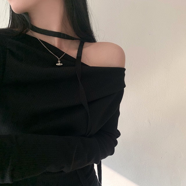 💕溫柔春秋純欲露肩+飄帶顯瘦法式上衣