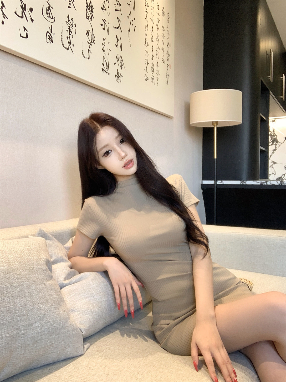 💕韓系法式高級感半高領短袖連衣裙