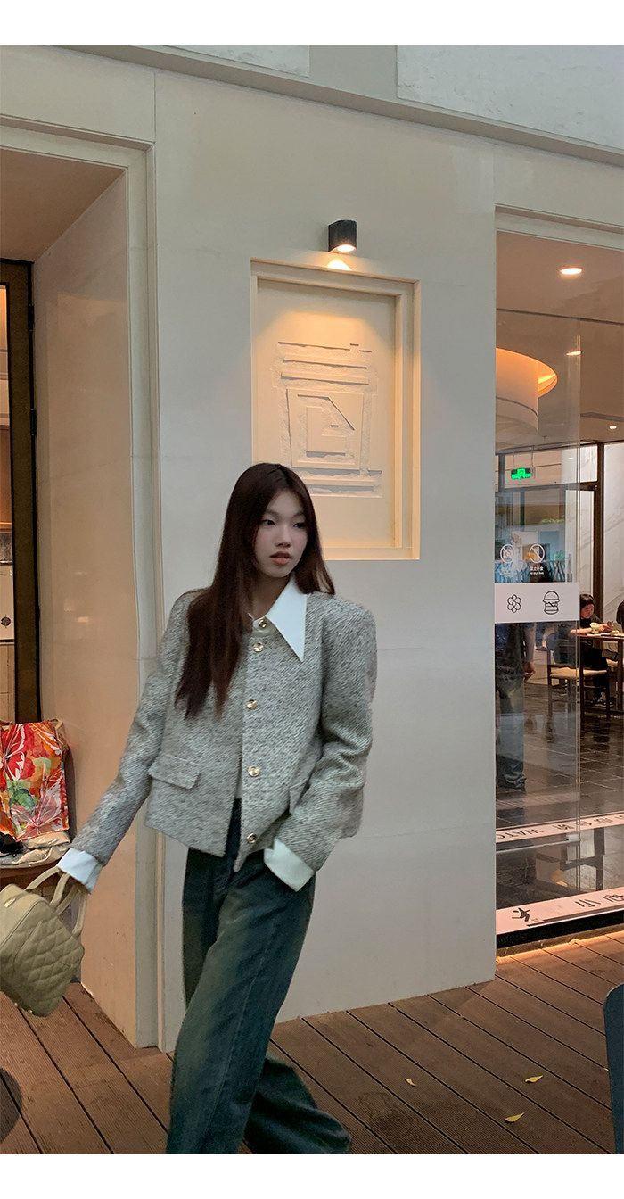 💕韓系秋冬假兩件拼接小香風加墊肩外套