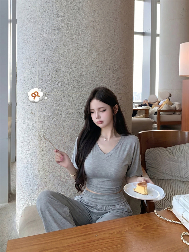 💕慵懶風V領收腰顯瘦蝙蝠袖上衣&直筒褲套裝