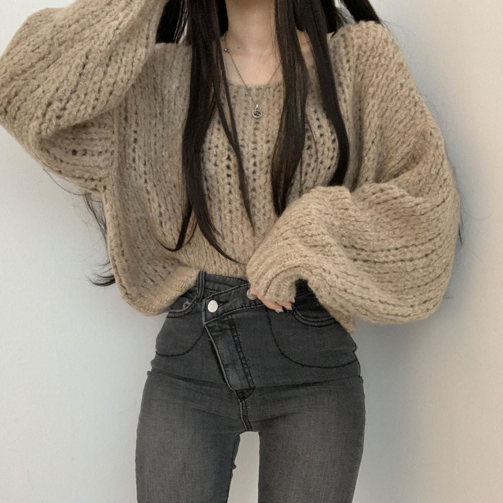 💕韓系chic春秋百搭寬鬆燈籠袖針織上衣