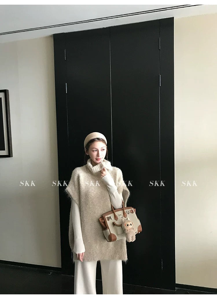 💕春季疊穿羊毛拉毛高領背心馬甲慵懶毛衫