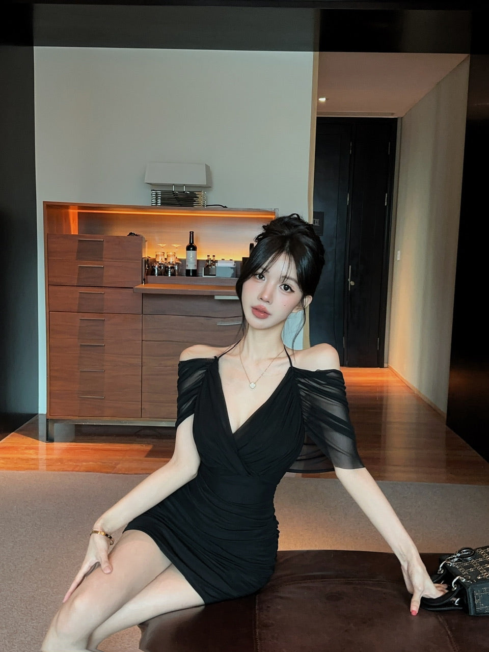 💕約會性感網紗綁帶包臀假兩件連身裙