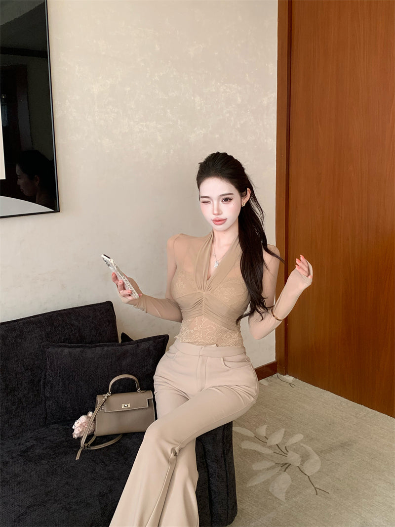💕性感微透網紗長袖V領蕾絲吊帶內搭上衣兩件套