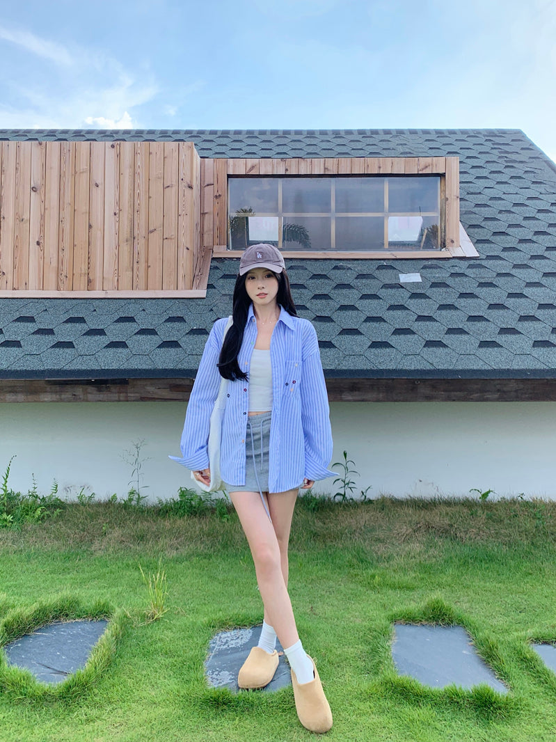 💕青春寬鬆百搭別緻彩色鈕扣條紋襯衫