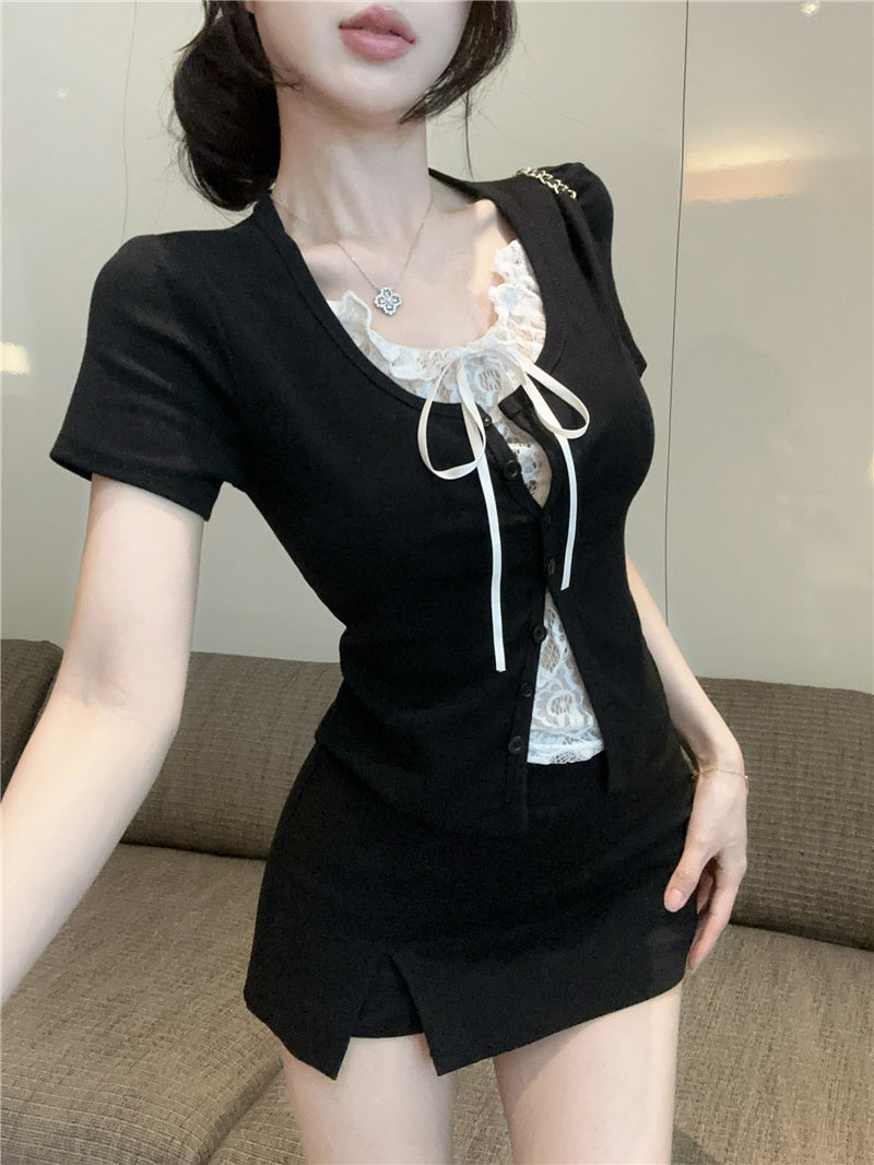 💕高級感假兩件短袖拼接蕾絲上衣