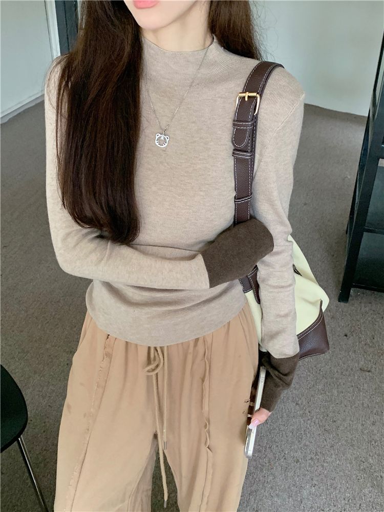 💕通勤百搭撞色長袖針織修身打底上衣