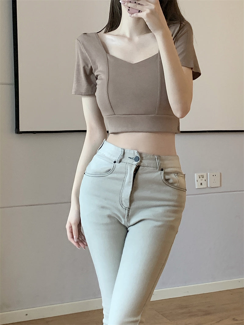 💕方領百搭露鎖骨顯瘦短版露臍上衣