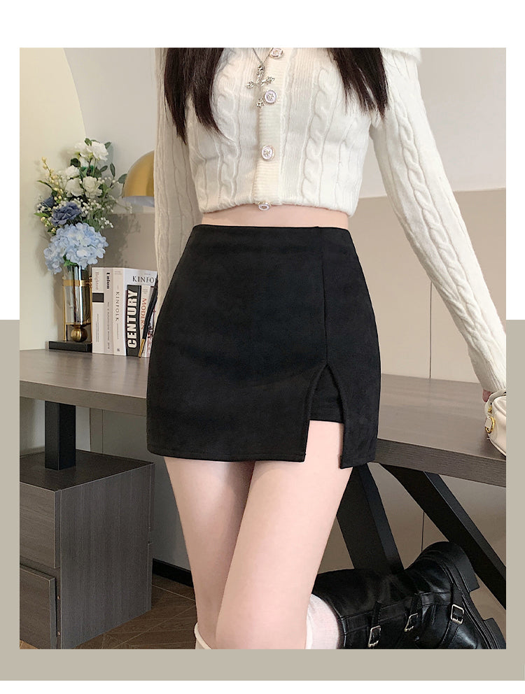 💕秋冬皮絨半身高腰開衩顯瘦包臀短裙