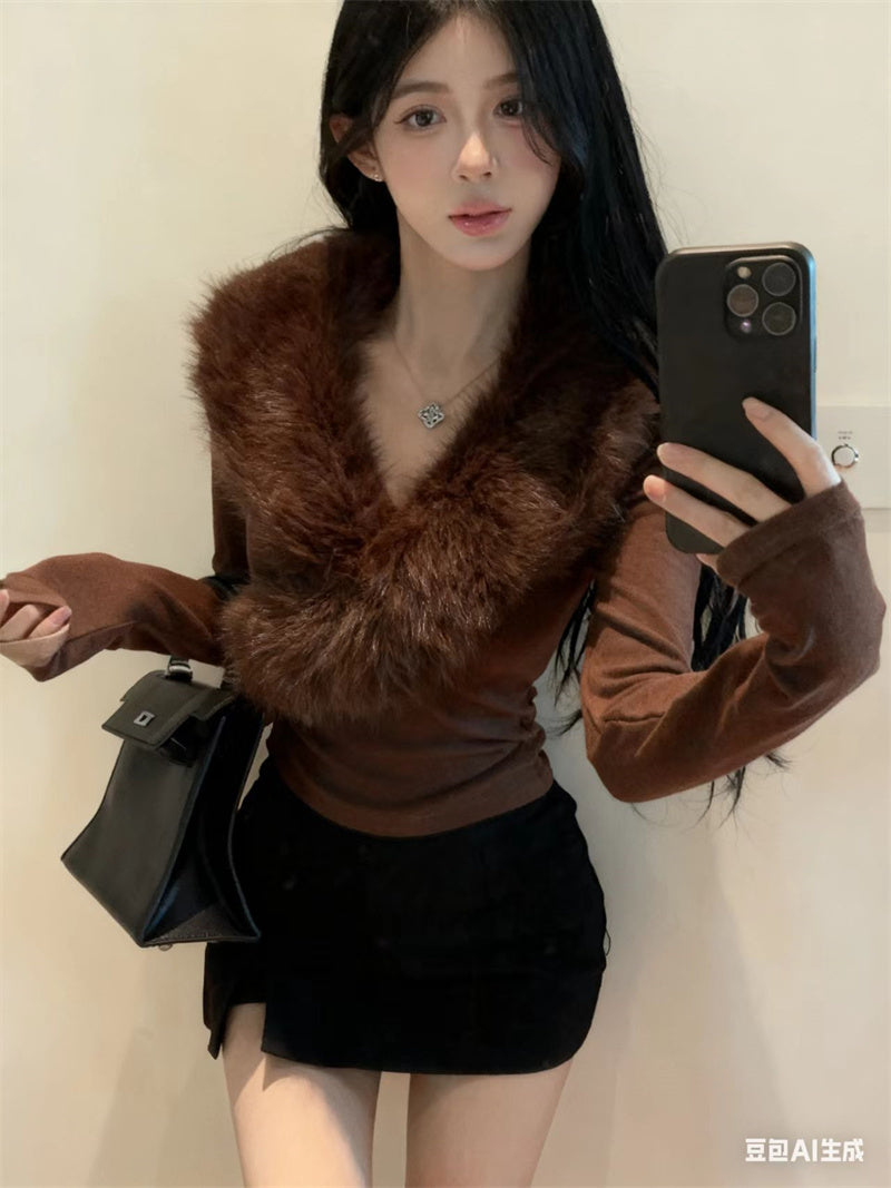 💕純欲辣妹毛領拼接V領長袖修身上衣