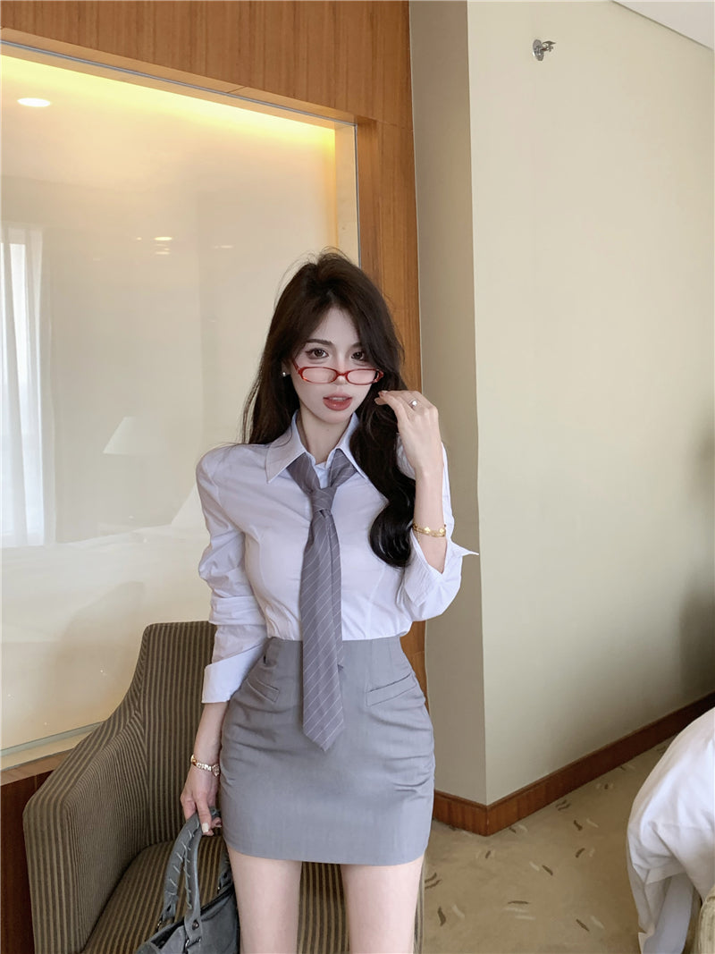 💕韓版秘書款收腰帶領襯衫兩件套