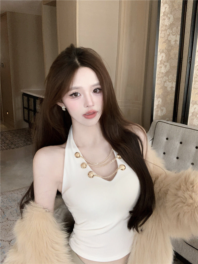 💕V領掛脖吊帶短版絕美上衣