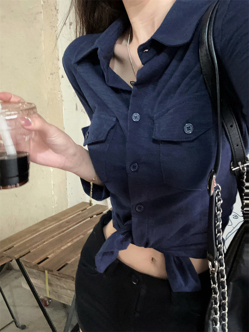 💕氣質翻領長袖收腰鈕扣襯衫