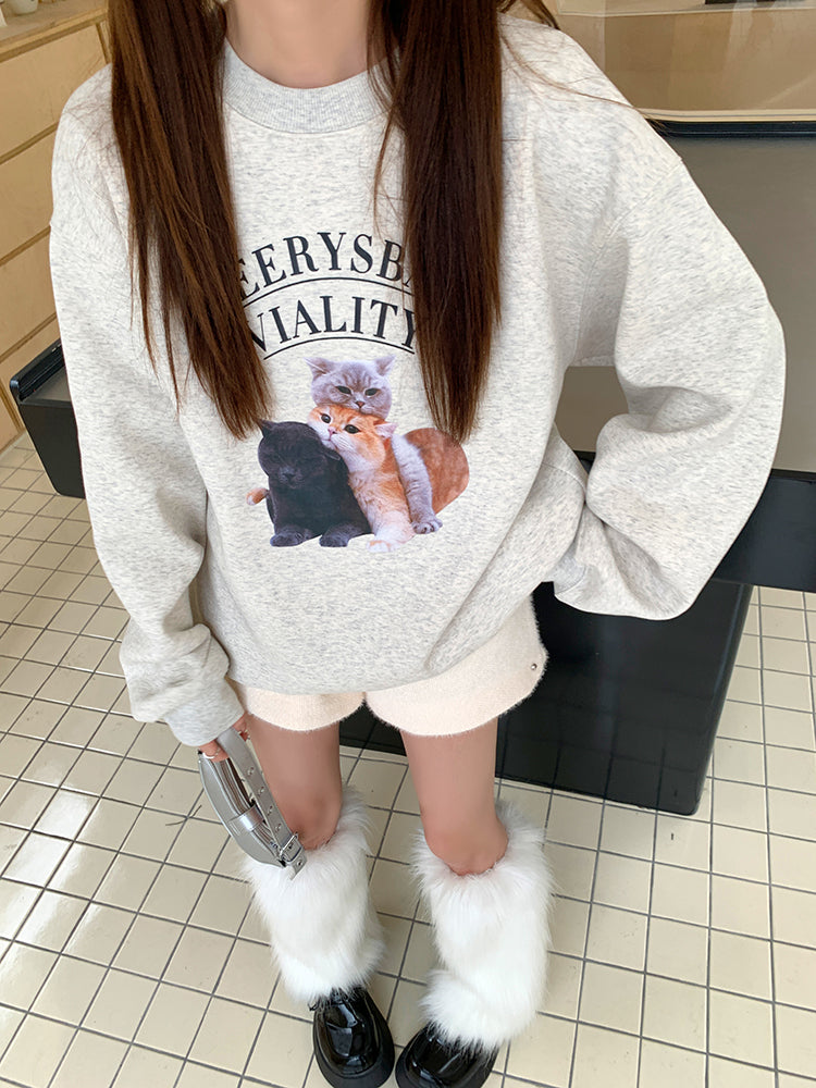 💕秋冬可愛貓咪疊疊樂印花圓領長袖上衣