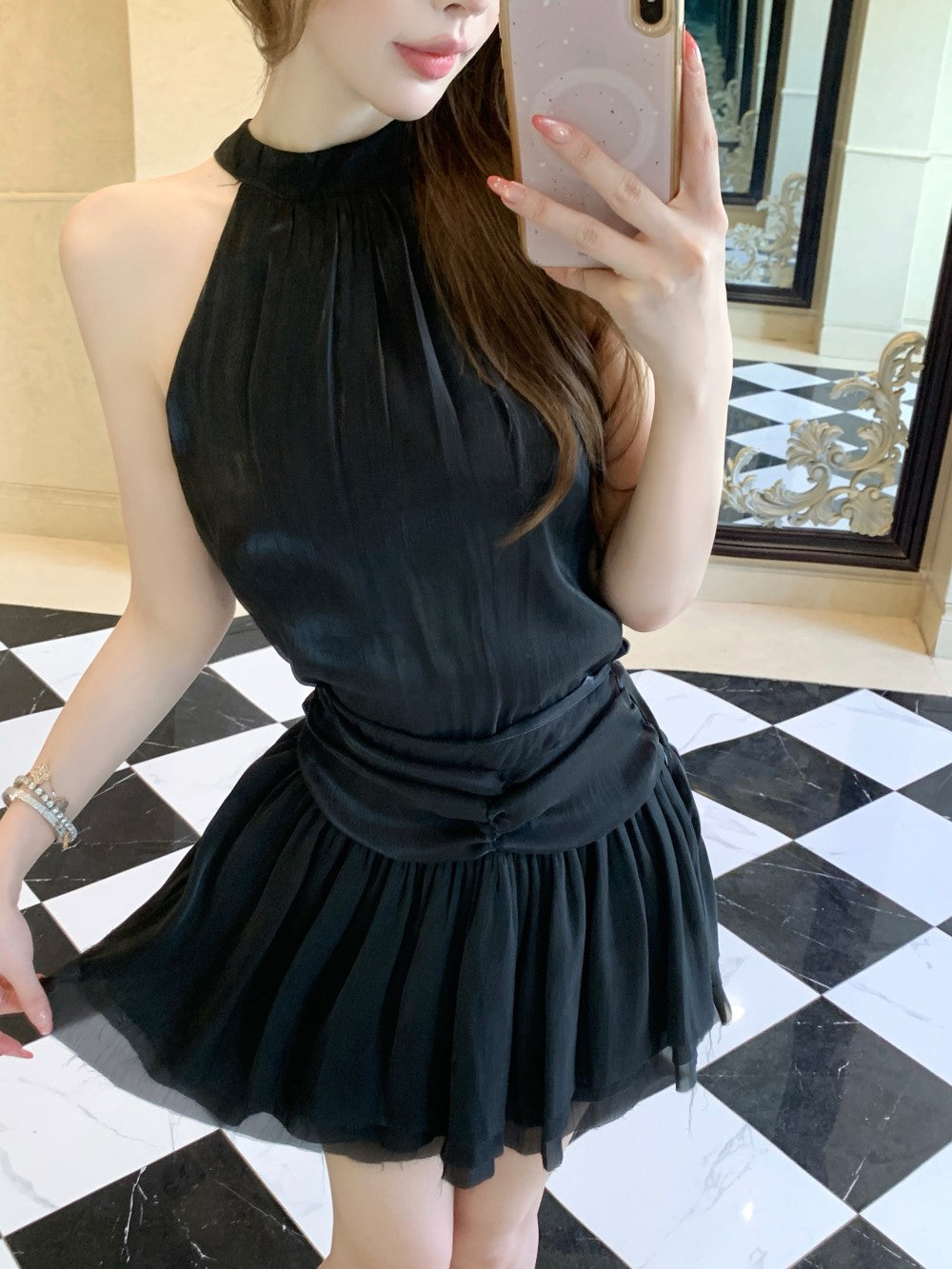 💕法式溫柔無袖掛脖連衣裙