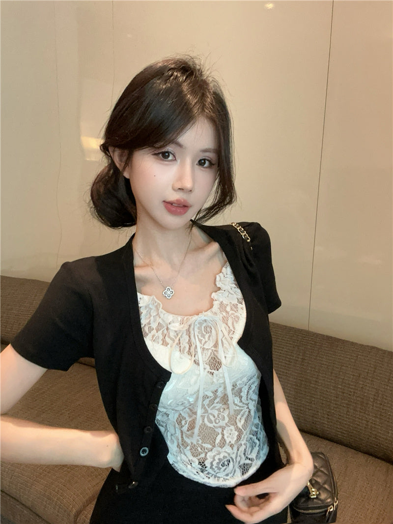 💕高級感假兩件短袖拼接蕾絲上衣