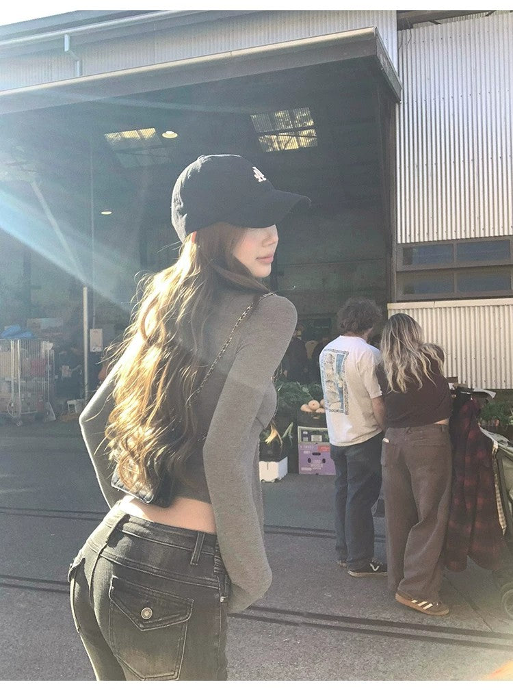 💕韓系辣妹V領長袖蕾絲拼接顯瘦上衣