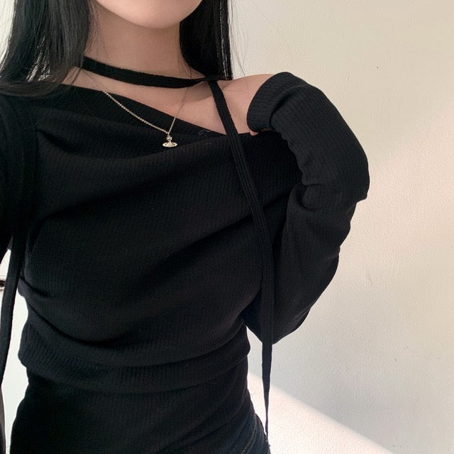 💕溫柔春秋純欲露肩+飄帶顯瘦法式上衣