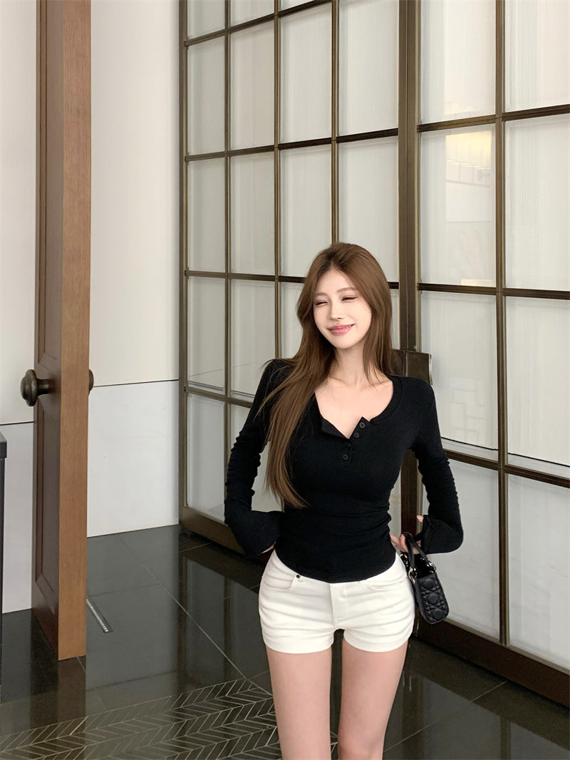 💕秋冬辣妹半高U領修身褶皺短磨毛內搭打底上衣