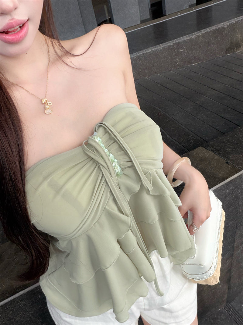 💕氣質重工荷葉邊綁帶掛脖上衣