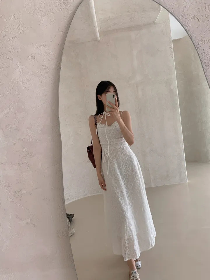 💕ihs系溫柔蕾絲性感露背鬆緊系帶收腰吊帶長裙