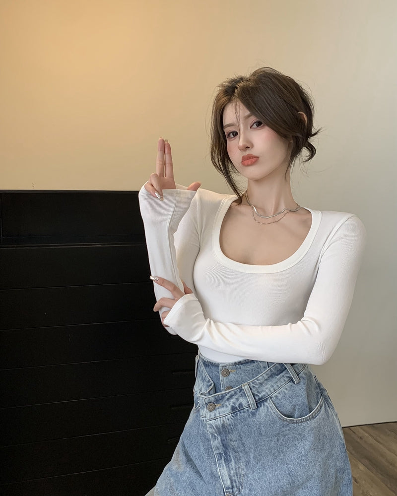 💕百搭低U領修身彈力長袖打底上衣