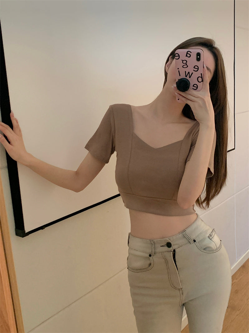 💕方領百搭露鎖骨顯瘦短版露臍上衣