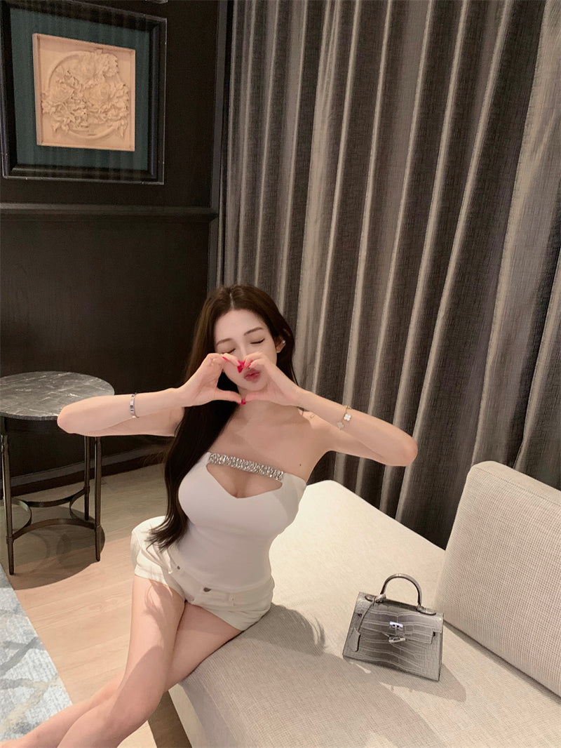 💕高級名媛風鑽鍊收腰顯瘦抹胸帶胸墊上衣