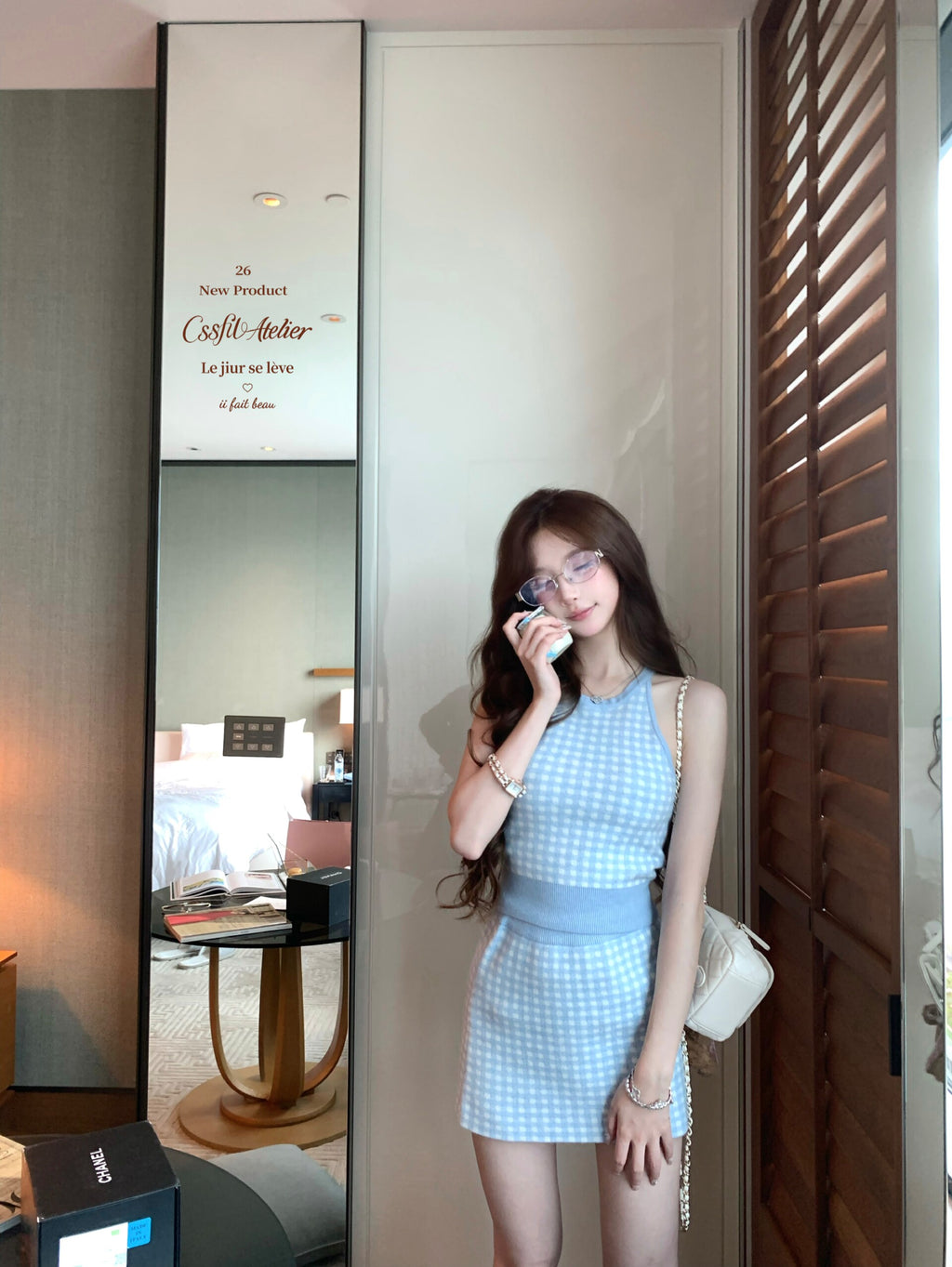 💕海鹽香頌藍粉格子三件套