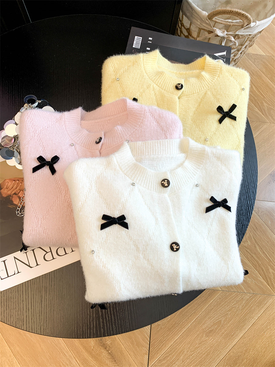💕韓系軟糯立體蝴蝶結釘珠針織開衫毛衣