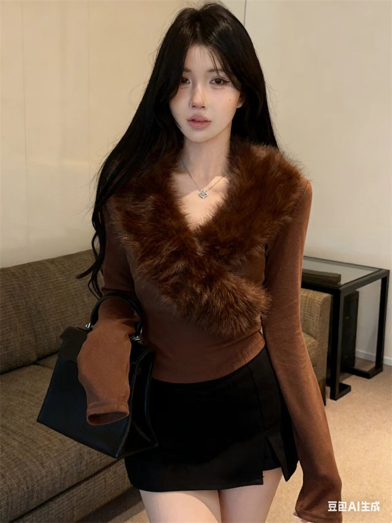 💕純欲辣妹毛領拼接V領長袖修身上衣