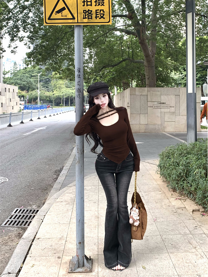 💕氣質設計感褶皺雙條扣低胸上衣