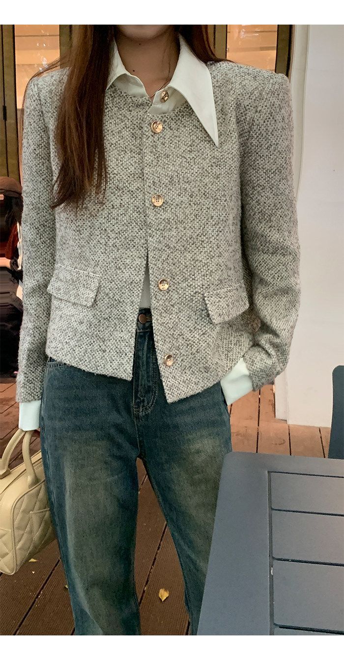 💕韓系秋冬假兩件拼接小香風加墊肩外套