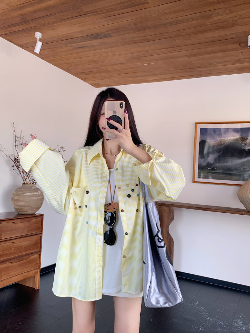 💕青春寬鬆百搭別緻彩色鈕扣條紋襯衫