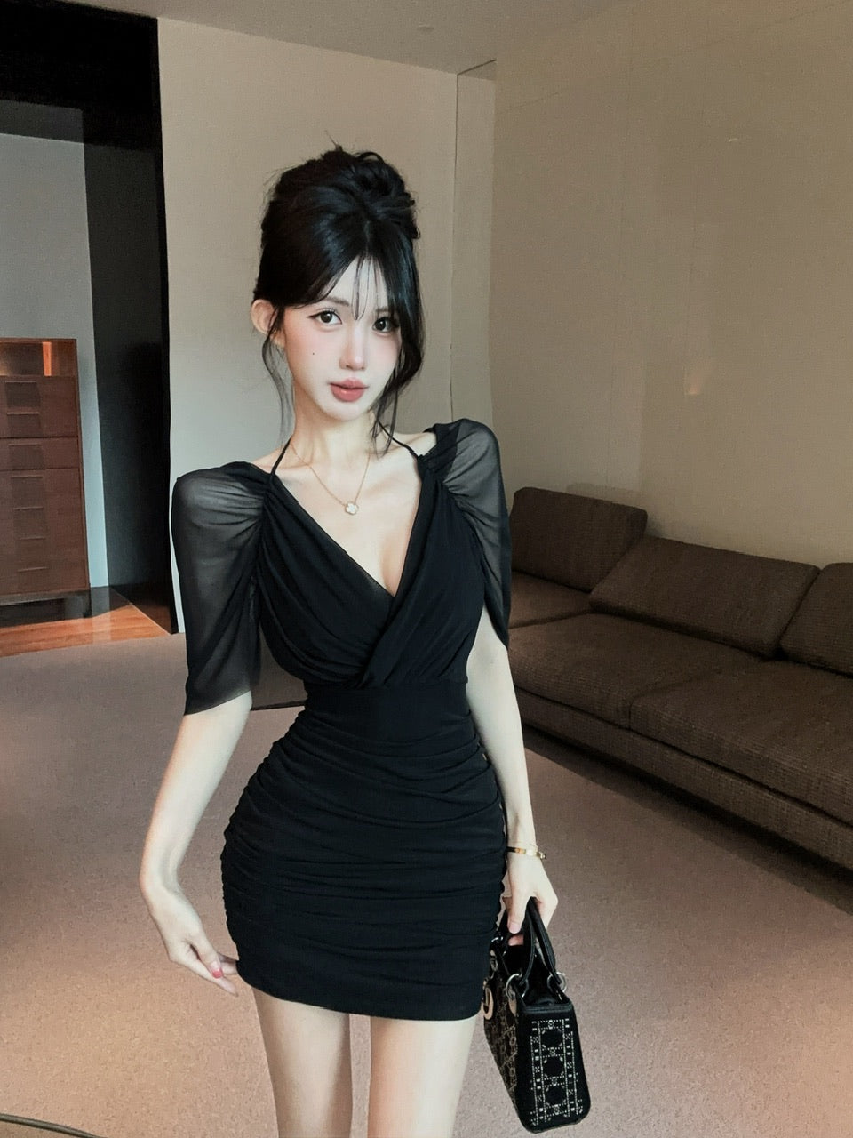 💕約會性感網紗綁帶包臀假兩件連身裙