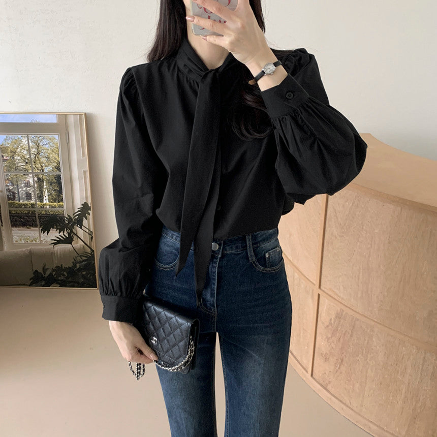 💕韓系chic法式飄帶領結襯衫