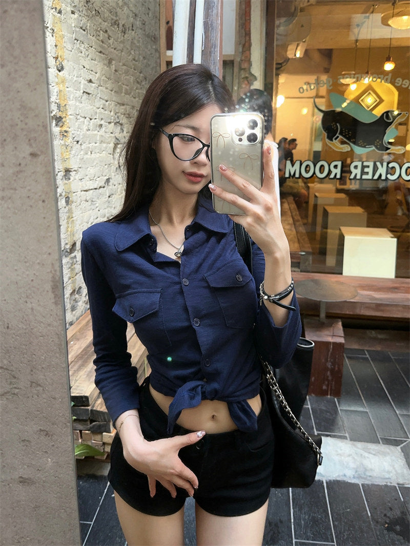 💕氣質翻領長袖收腰鈕扣襯衫